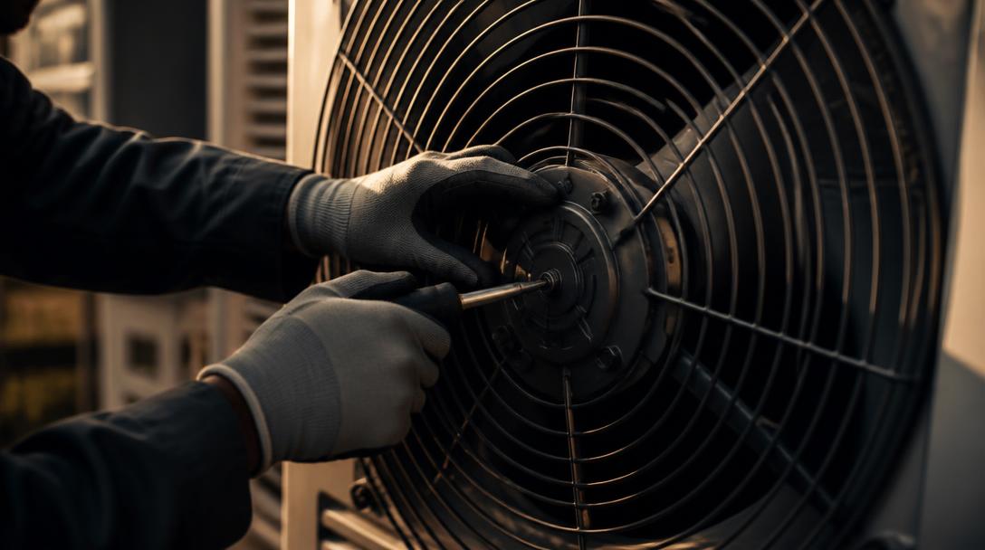 Technician repairing the fan motor of an outdoor air conditioning condenser
