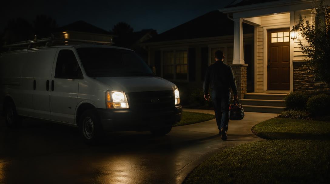 HVAC service van at night with a technician walking to a home's front door