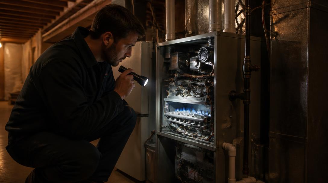 Technician inspecting a residential gas furnace burner with a flashlight