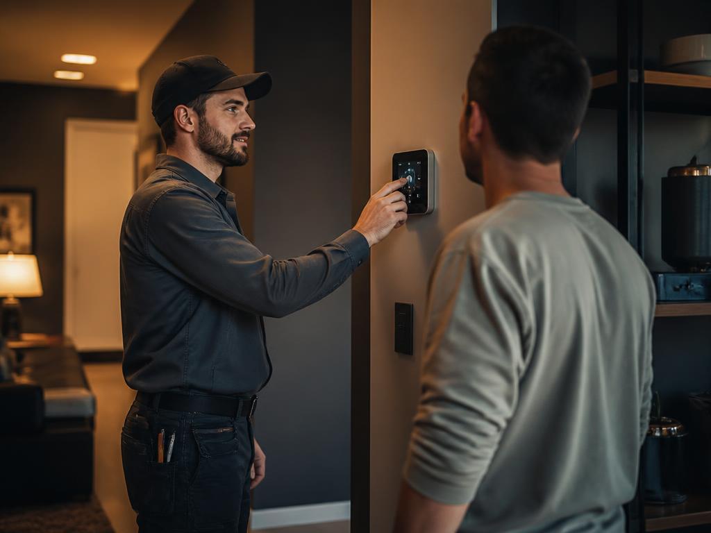 HVAC technician adjusting a smart thermostat while explaining the settings to a homeowner